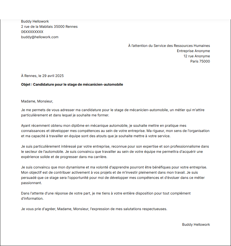 Modèle lettre de motivation pour un stage Mécanicien automobile Exemple lettre de motivation pour un stage Mécanicien automobile