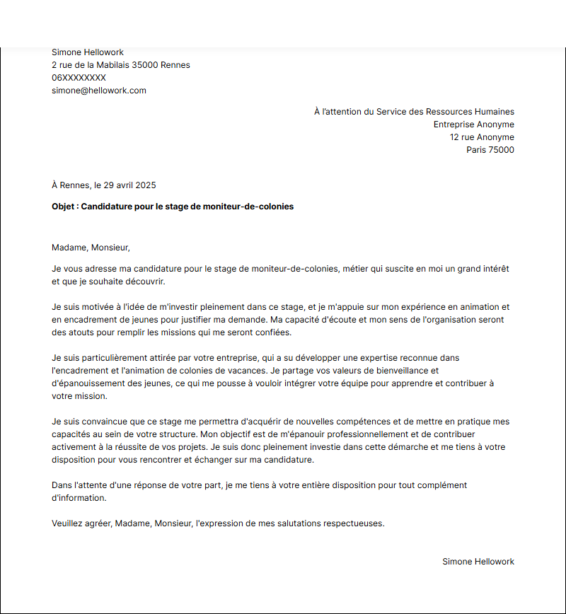 Modèle lettre de motivation pour un stage Animateur BAFA Exemple lettre de motivation pour un stage Animateur BAFA