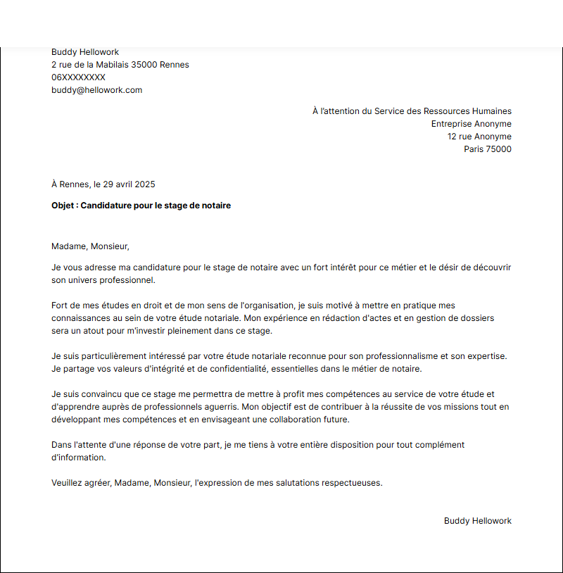 Modèle lettre de motivation pour un stage Notaire Exemple lettre de motivation pour un stage Notaire