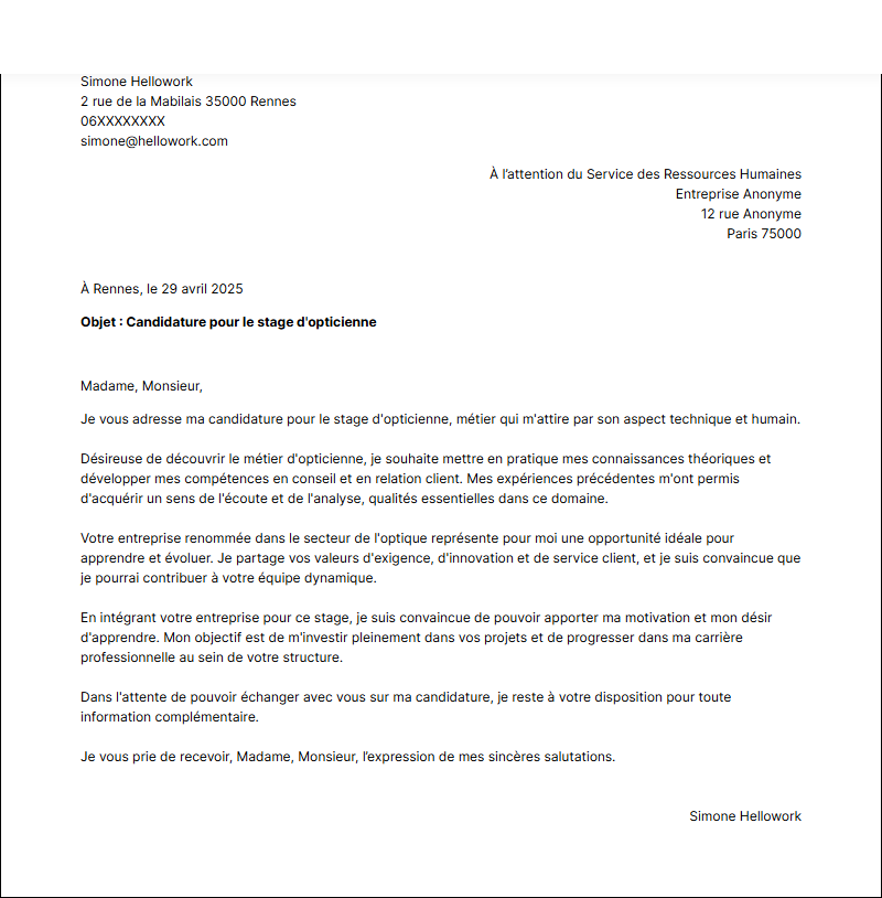 Modèle lettre de motivation pour un stage Opticien Exemple lettre de motivation pour un stage Opticien