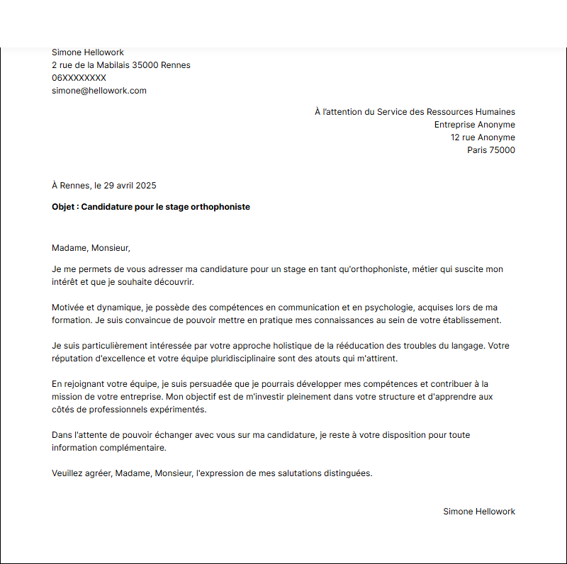 Exemple lettre de motivation pour un stage Orthophoniste