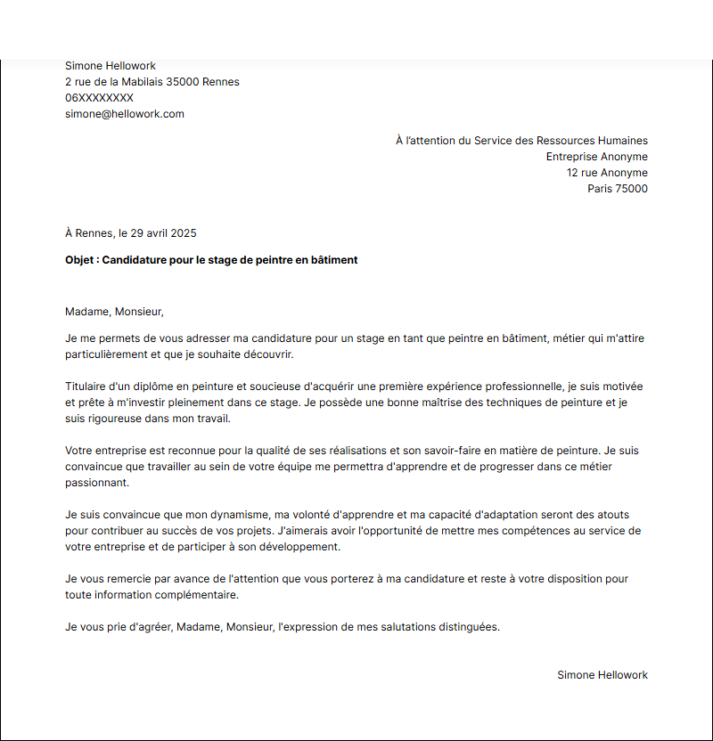 Exemple lettre de motivation pour un stage Peintre en bâtiment