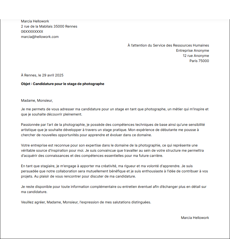 Modèle lettre de motivation pour un stage Photographe Exemple lettre de motivation pour un stage Photographe