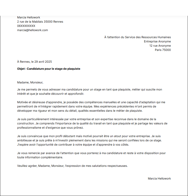 Modèle lettre de motivation pour un stage Plaquiste Exemple lettre de motivation pour un stage Plaquiste