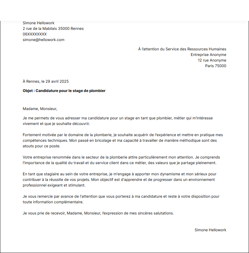 Modèle lettre de motivation pour un stage Plombier Exemple lettre de motivation pour un stage Plombier