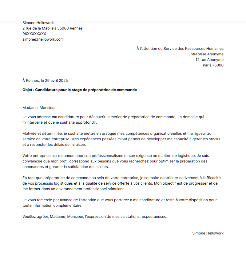 Modèle lettre de motivation pour un stage Préparateur de commande Exemple lettre de motivation pour un stage Préparateur de commande