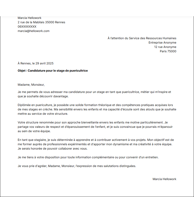 Exemple lettre de motivation pour un stage Puéricultrice
