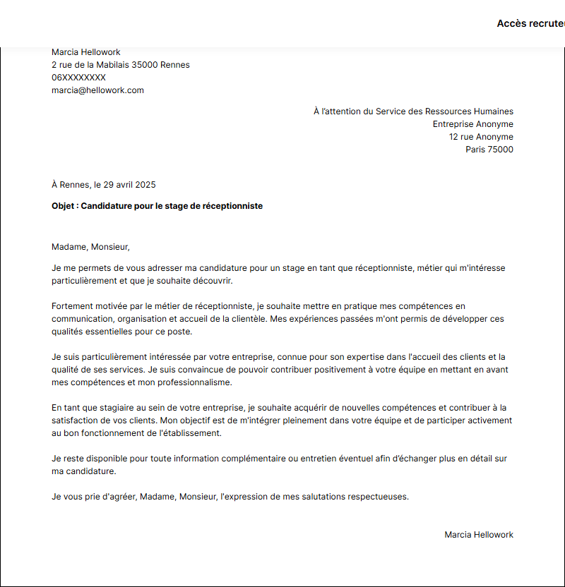 Modèle lettre de motivation pour un stage Réceptionniste Exemple lettre de motivation pour un stage Réceptionniste