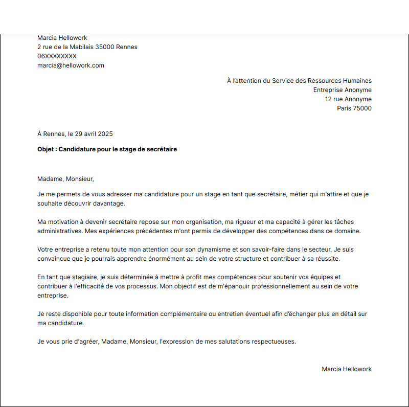 Modèle lettre de motivation pour un stage Secrétaire Exemple lettre de motivation pour un stage Secrétaire