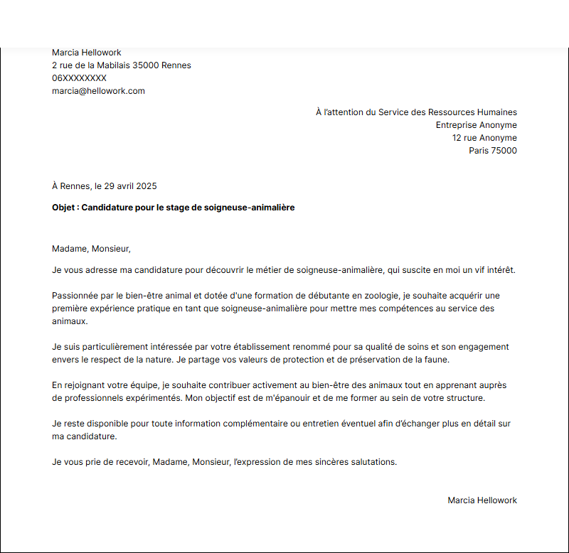 Exemple lettre de motivation pour un stage Soigneur animalier