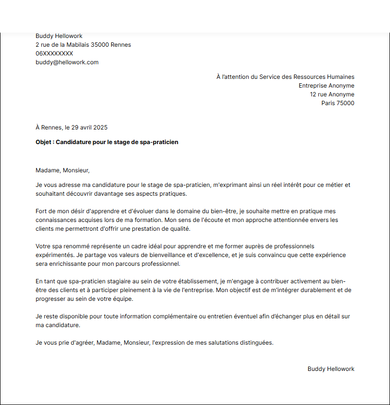 Modèle lettre de motivation pour un stage SPA praticien Exemple lettre de motivation pour un stage SPA praticien