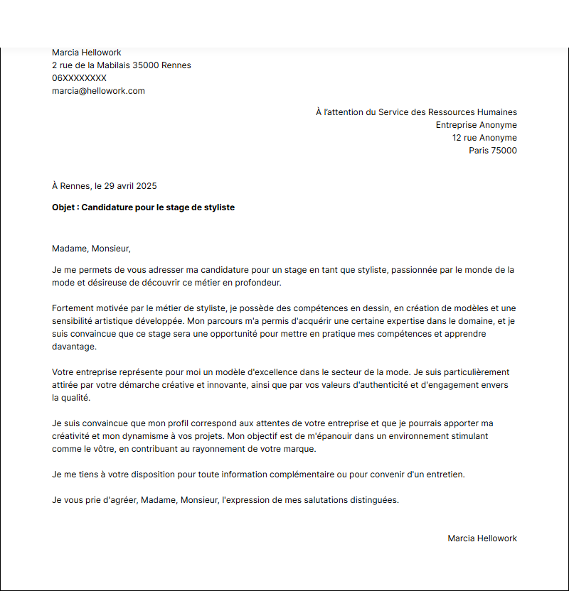 Modèle lettre de motivation pour un stage Styliste Exemple lettre de motivation pour un stage Styliste