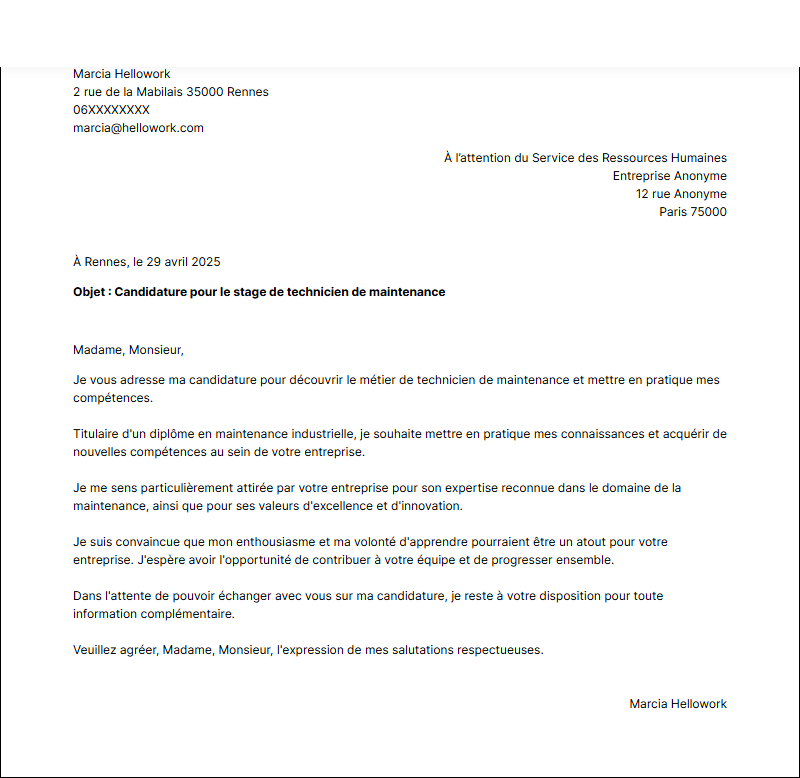 Modèle lettre de motivation pour un stage Technicien de maintenance Exemple lettre de motivation pour un stage Technicien de maintenance