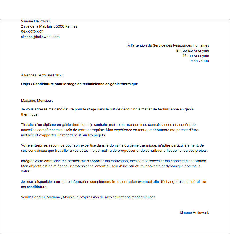 Modèle lettre de motivation pour un stage Installateur thermique Exemple lettre de motivation pour un stage Installateur thermique