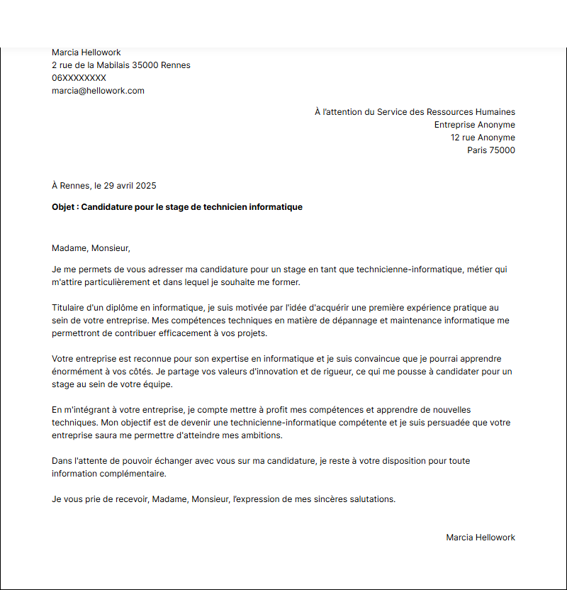 Modèle lettre de motivation pour un stage Technicien informatique Exemple lettre de motivation pour un stage Technicien informatique