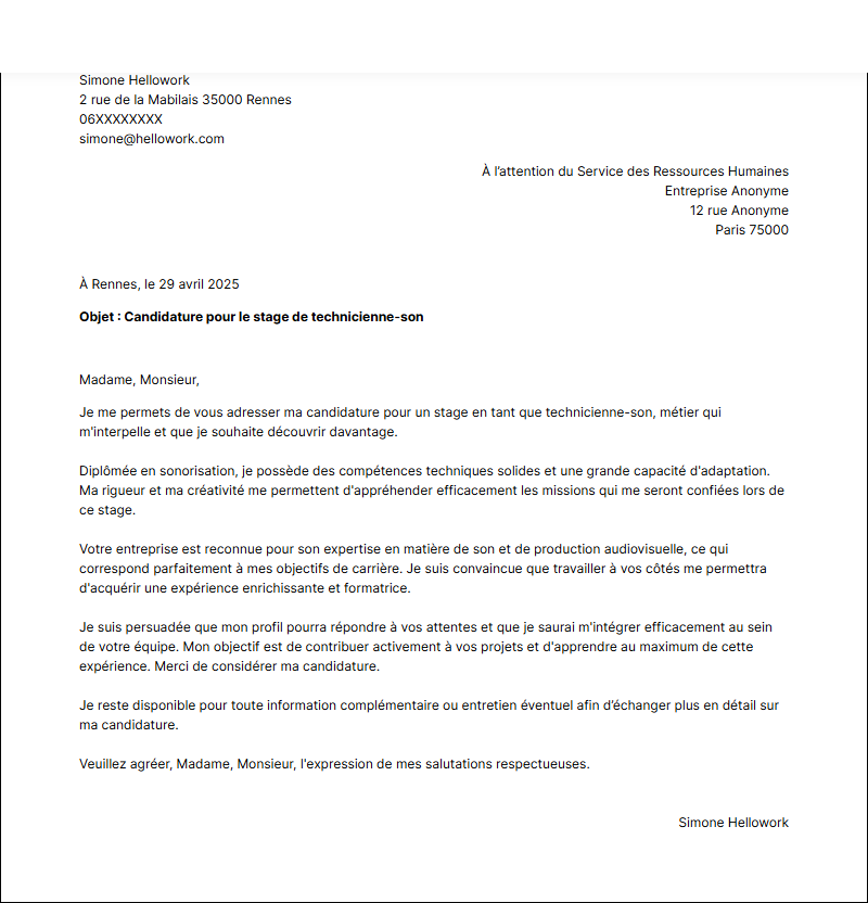 Modèle lettre de motivation pour un stage Technicien son Exemple lettre de motivation pour un stage Technicien son