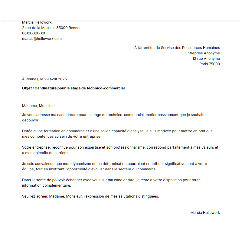Modèle lettre de motivation pour un stage Technico-commercial Exemple lettre de motivation pour un stage Technico-commercial