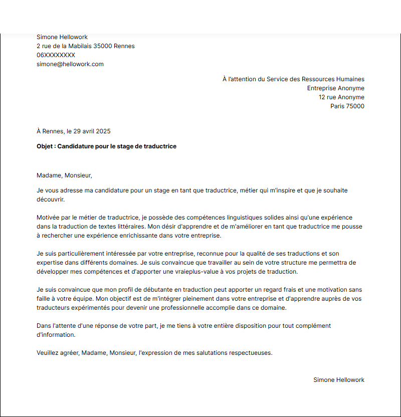 Modèle lettre de motivation pour un stage Traducteur Exemple lettre de motivation pour un stage Traducteur