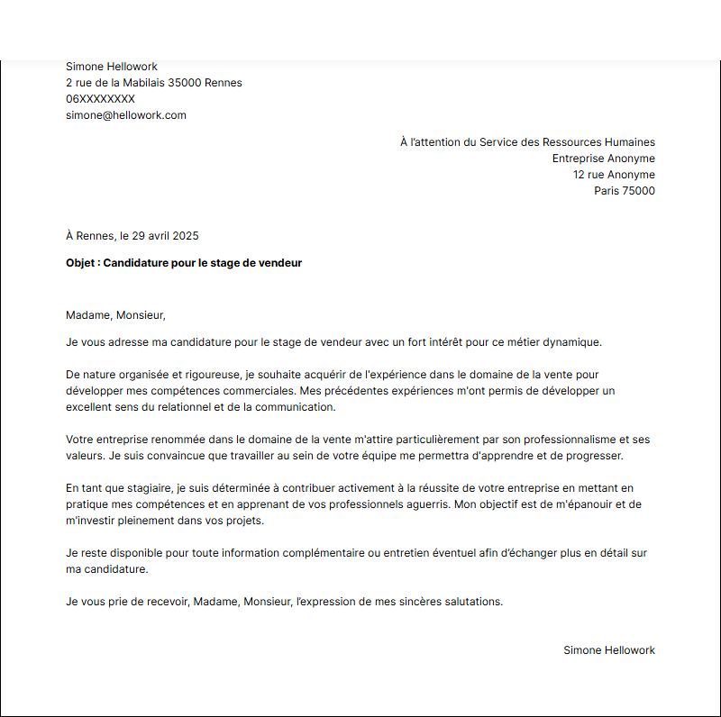Modèle lettre de motivation pour un stage Vendeur Exemple lettre de motivation pour un stage Vendeur