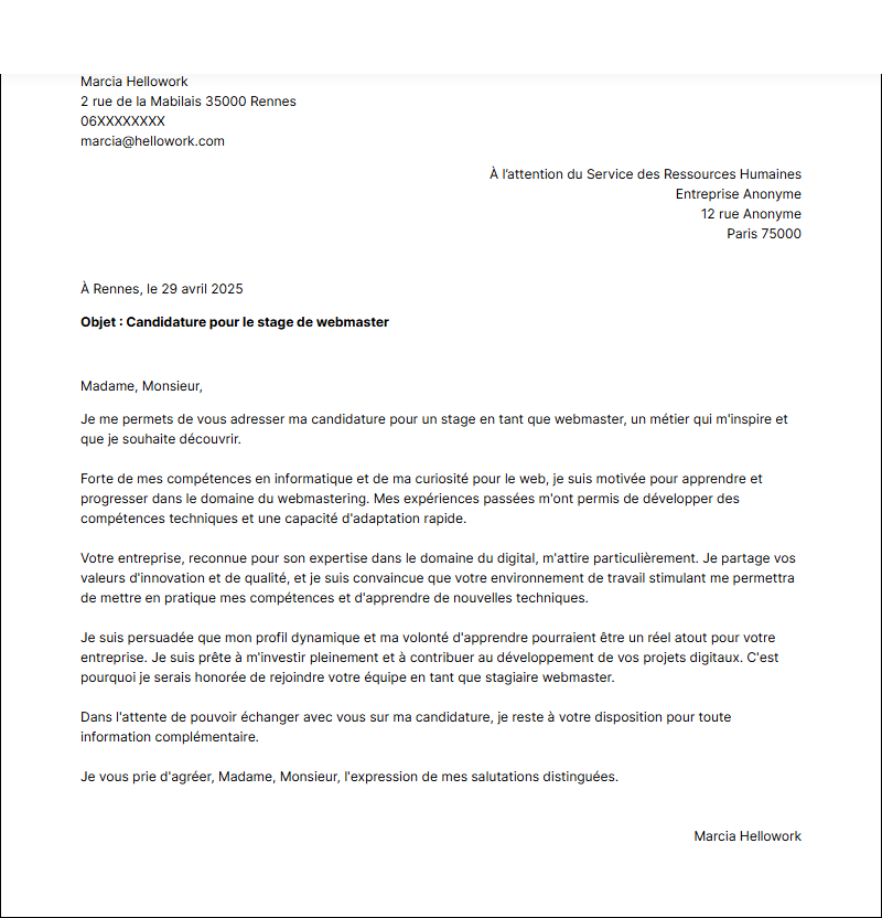 Exemple lettre de motivation pour un stage Webmaster
