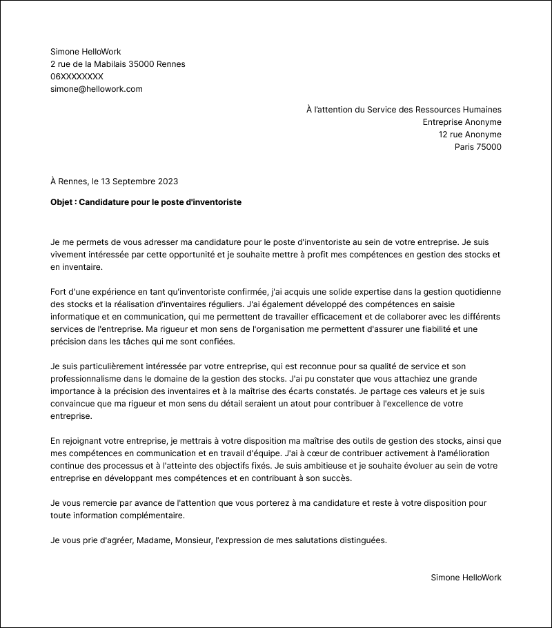 Modèle lettre de motivation Inventoriste Exemple lettre de motivation Inventoriste