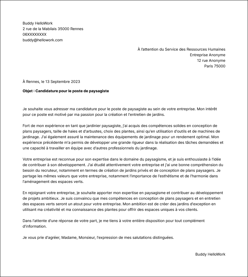 Modèle lettre de motivation Jardinier paysagiste Exemple lettre de motivation Jardinier paysagiste