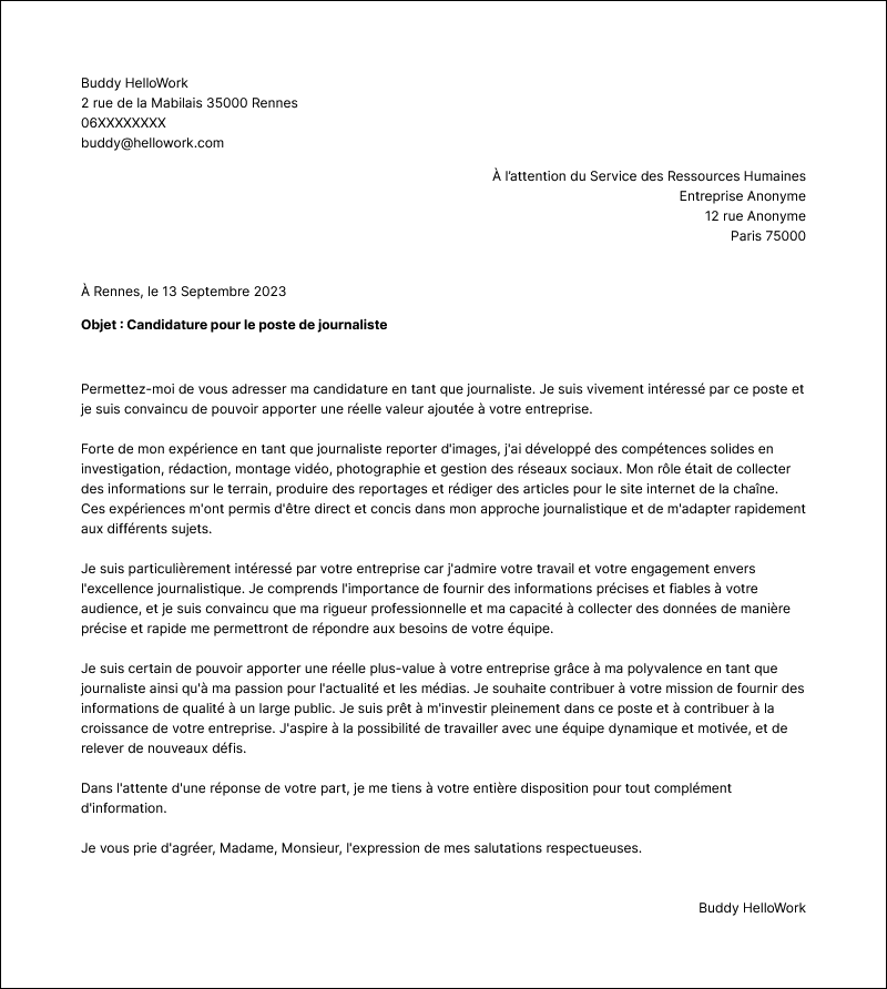 Modèle lettre de motivation Journaliste Exemple lettre de motivation Journaliste