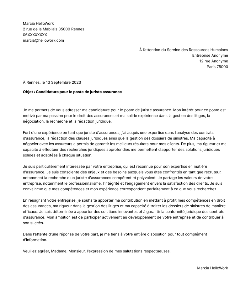 Modèle lettre de motivation Juriste assurance Exemple lettre de motivation Juriste assurance