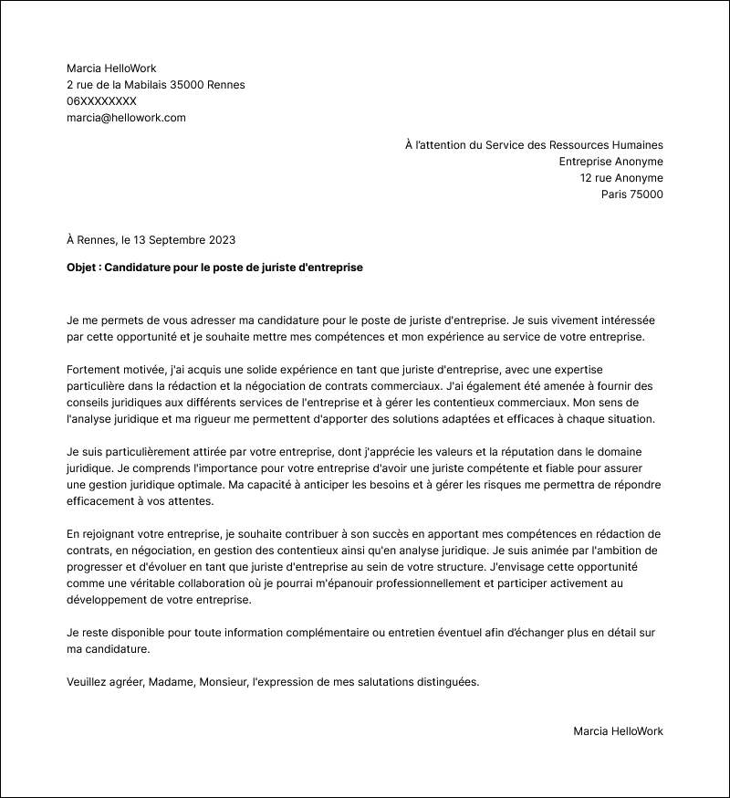 Modèle lettre de motivation Juriste d'entreprise Exemple lettre de motivation Juriste d'entreprise