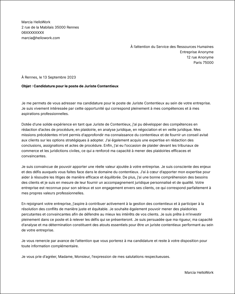 Modèle lettre de motivation Juriste contentieux Exemple lettre de motivation Juriste contentieux