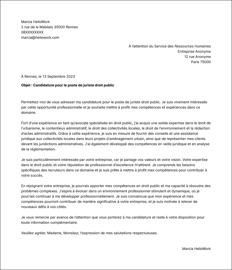 Modèle lettre de motivation Juriste droit public Exemple lettre de motivation Juriste droit public