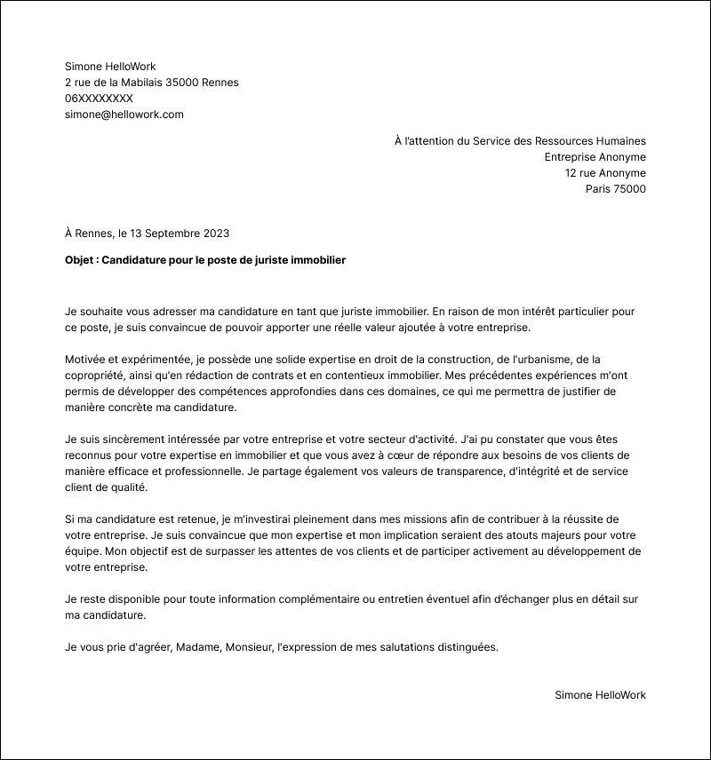 Modèle lettre de motivation Juriste immobilier Exemple lettre de motivation Juriste immobilier
