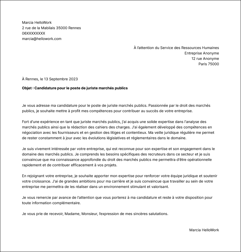 Modèle lettre de motivation Juriste marchés publics Exemple lettre de motivation Juriste marchés publics