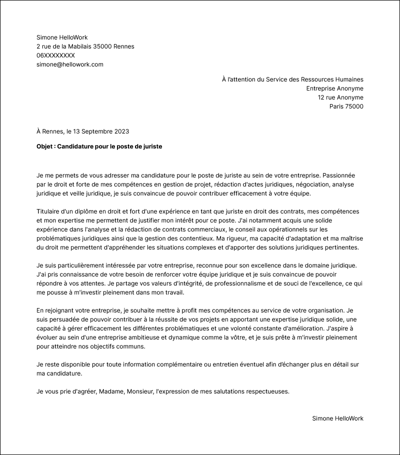 Modèle lettre de motivation Juriste Exemple lettre de motivation Juriste