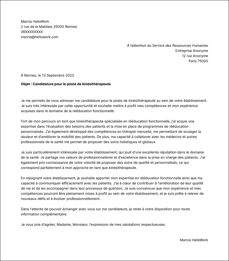 Modèle lettre de motivation Kinésithérapeute Exemple lettre de motivation Kinésithérapeute