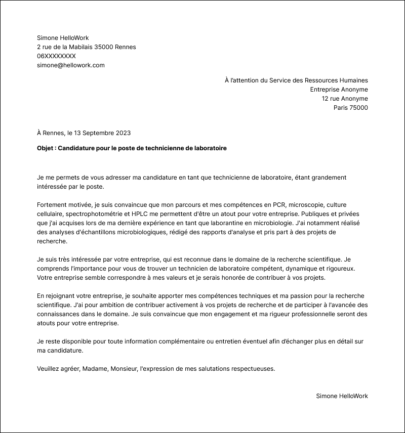 Modèle lettre de motivation Laborantin Exemple lettre de motivation Laborantin