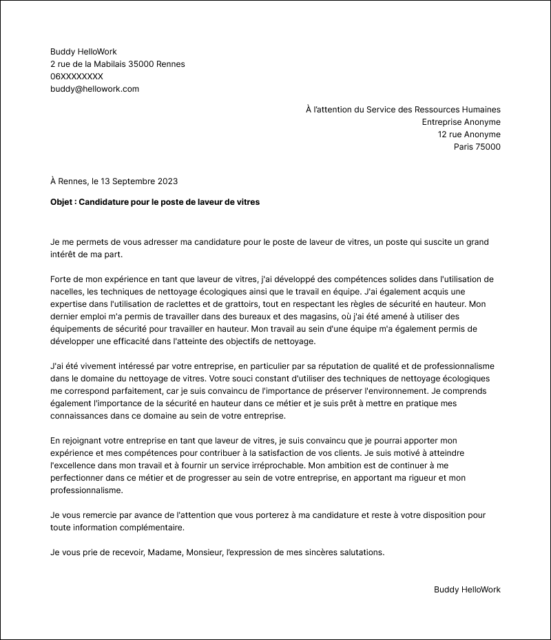 Modèle lettre de motivation Laveur de vitres Exemple lettre de motivation Laveur de vitres
