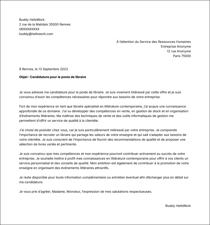 Modèle lettre de motivation Libraire Exemple lettre de motivation Libraire