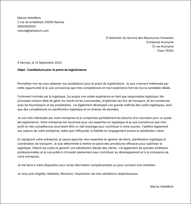 Modèle lettre de motivation Logisticien Exemple lettre de motivation Logisticien