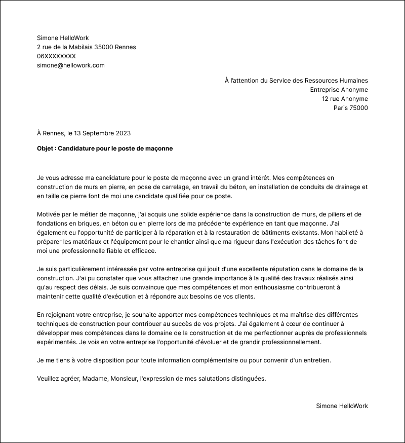 Modèle lettre de motivation Maçon Exemple lettre de motivation Maçon