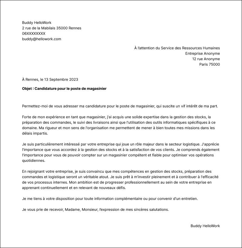 Modèle lettre de motivation Magasinier Exemple lettre de motivation Magasinier