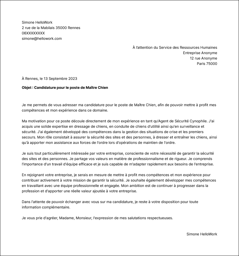 Modèle lettre de motivation Maitre chien Exemple lettre de motivation Maitre chien