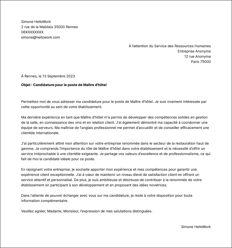 Modèle lettre de motivation Maître d'hôtel Exemple lettre de motivation Maître d'hôtel