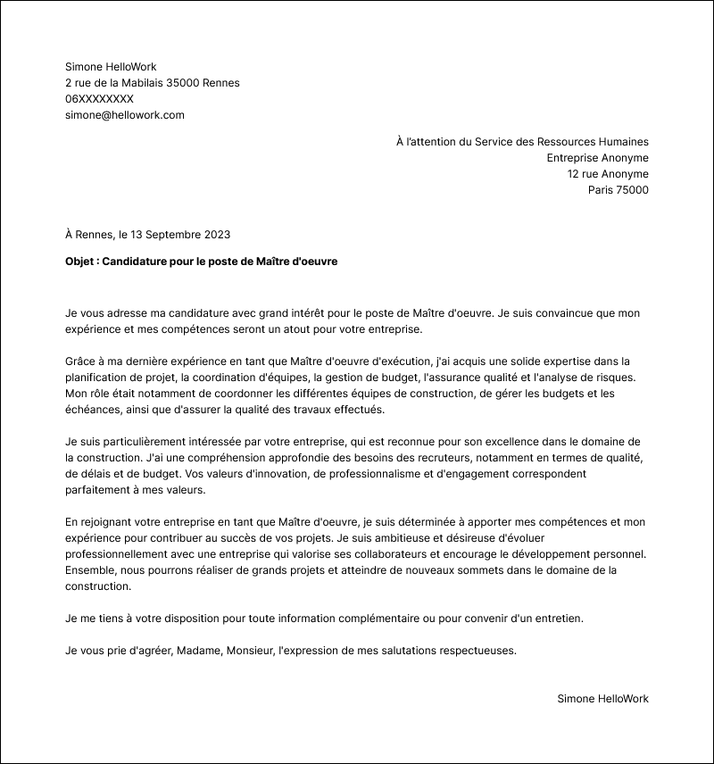 Modèle lettre de motivation Maitre d'oeuvre d'exécution Exemple lettre de motivation Maitre d'oeuvre d'exécution