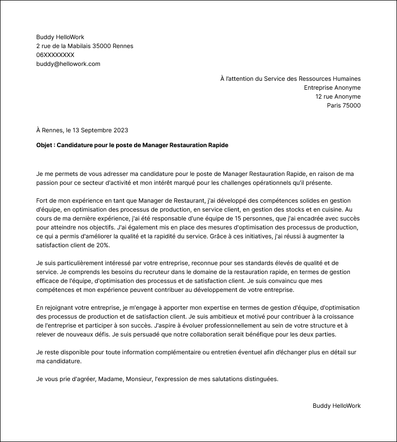 Modèle lettre de motivation Manager en restauration rapide Exemple lettre de motivation Manager en restauration rapide