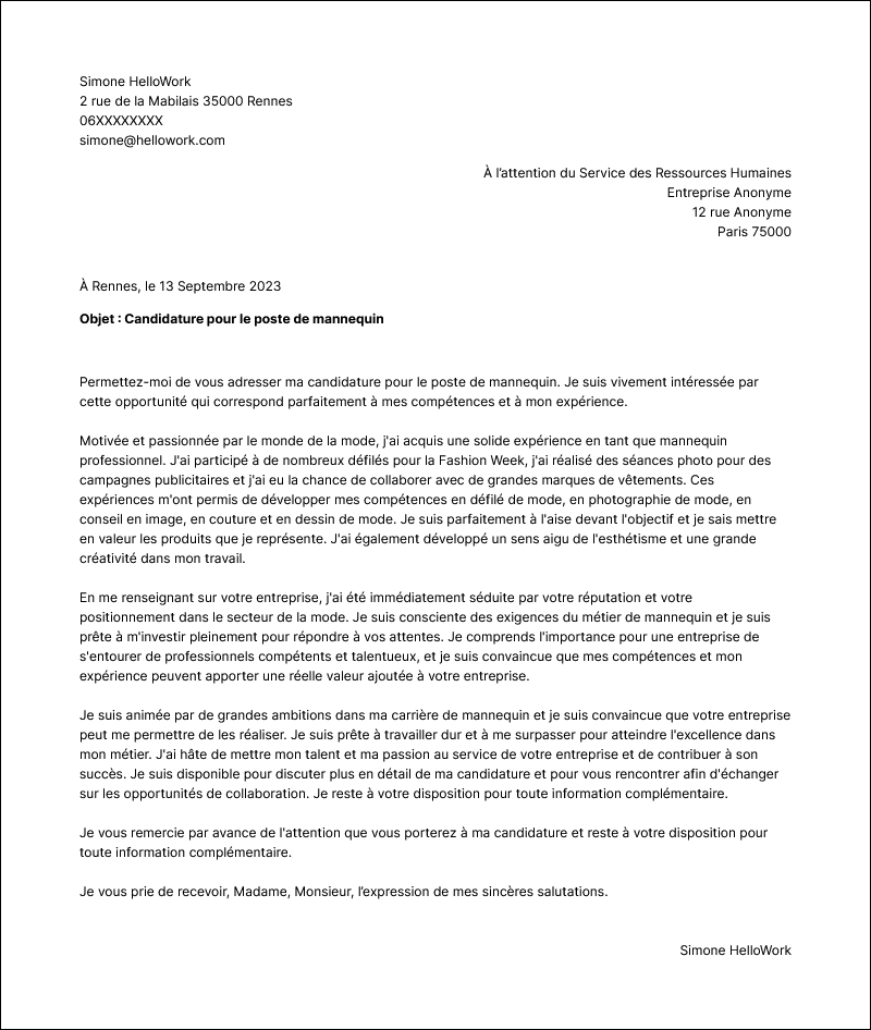 Modèle lettre de motivation Mannequin Exemple lettre de motivation Mannequin