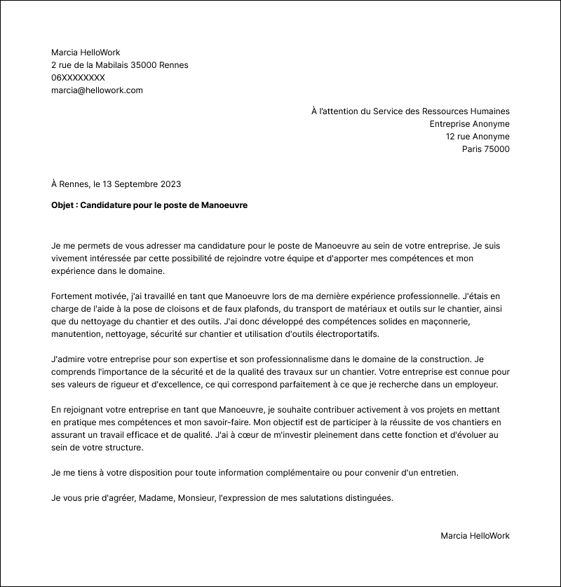 Modèle lettre de motivation Manoeuvre Exemple lettre de motivation Manoeuvre