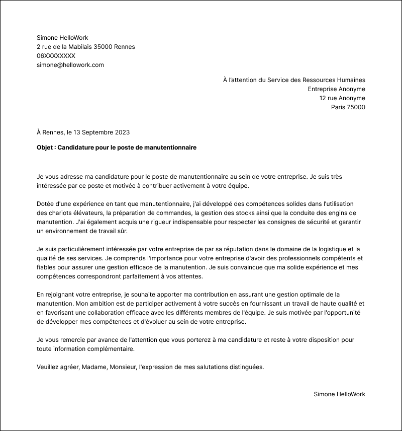 Modèle lettre de motivation Manutentionnaire Exemple lettre de motivation Manutentionnaire