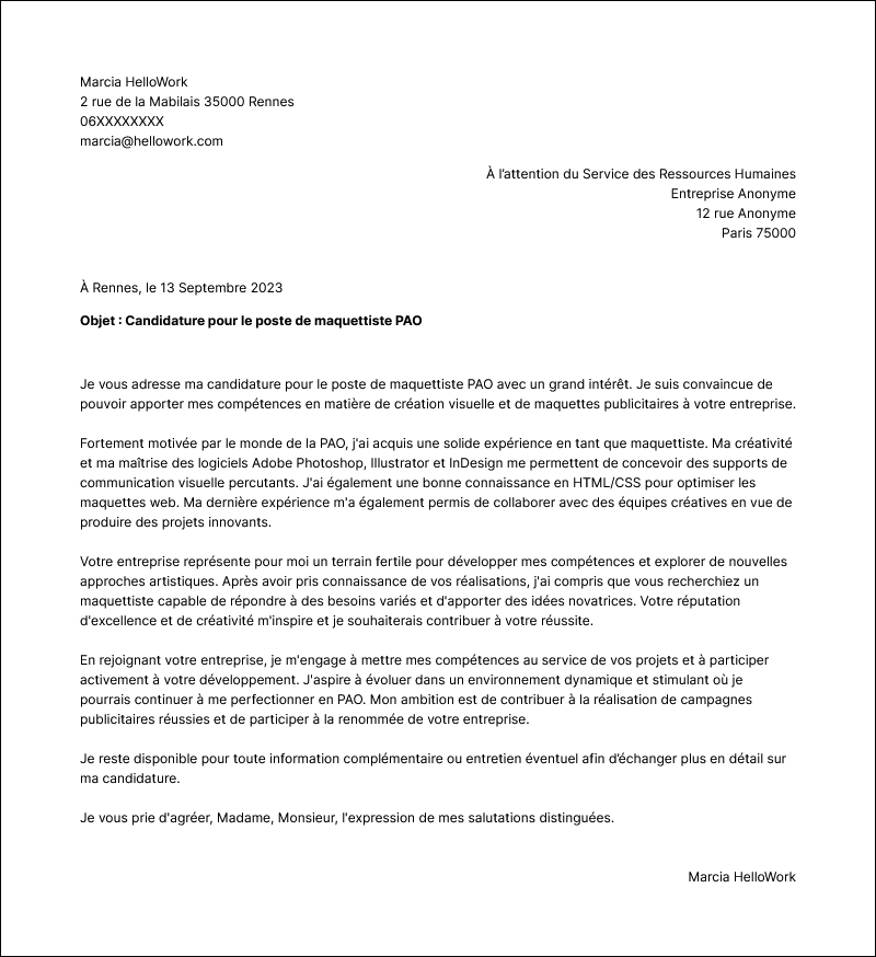 Modèle lettre de motivation Maquettiste PAO Exemple lettre de motivation Maquettiste PAO