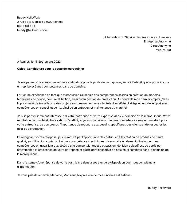 Modèle lettre de motivation Maroquinier Exemple lettre de motivation Maroquinier